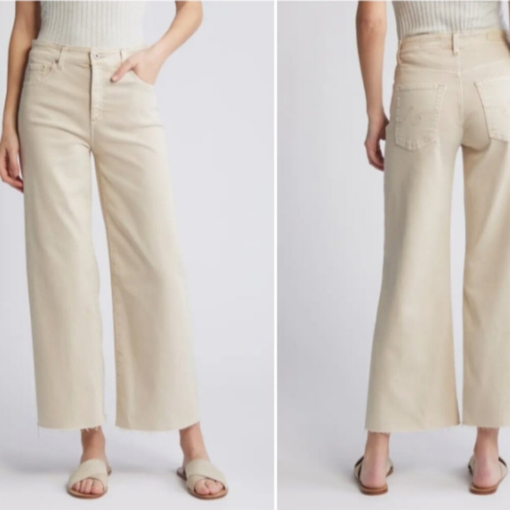 AG Saige Wide Leg Crops Cloud Soft Jeans Cream Cropped Denim Raw Edge High Rise